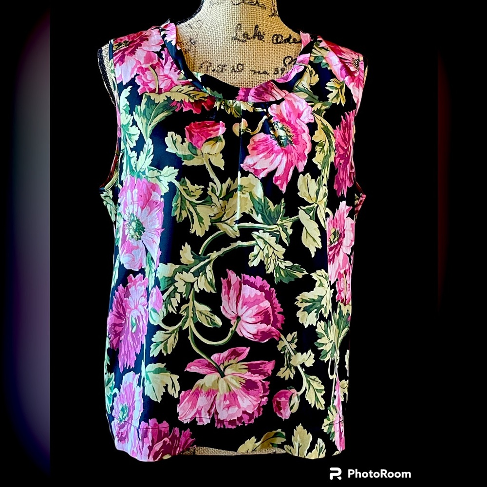 Talbots 16P Silk Blend Black Pink and Green Floral Top